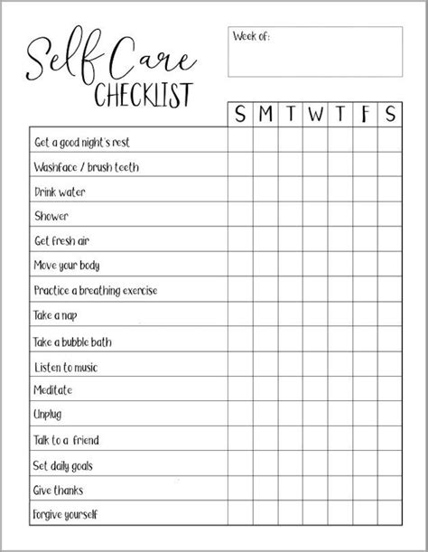 Self Care Checklist Printable